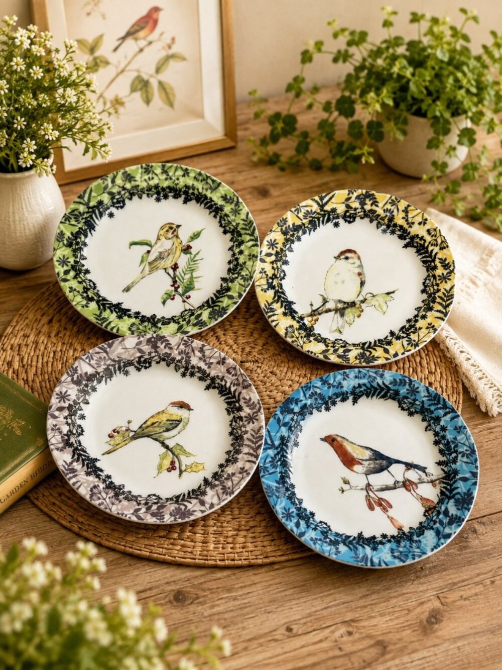 Set of 4 Anthropologie "Birdwatcher" Scalloped Salad / Dessert Plates